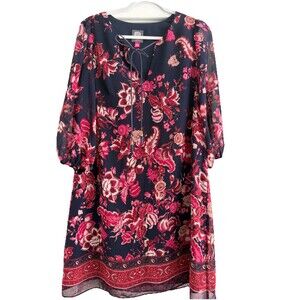Vince Camuto Womens Size 12 Shift Dress Navy Blue Pink Balloon Sleeve Chiffon